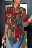 White  Loose Casual Abstract Chains Print Turndown Collar Slit Button up Long Sleeve Tops Shirts