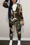 Dark Green Sportwear Abstract Camouflage Print Hooded Zip-up Long Sleeve Jacket and Pencil Sweatpants Fall Winter Two Pieces Sweatsuit Sets