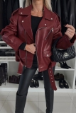 Wine Red PU Leather Casual Street Zipper Turndown Collar Long Sleeve Fall Winter Short Motorcycle Jackets Coats Outerwear