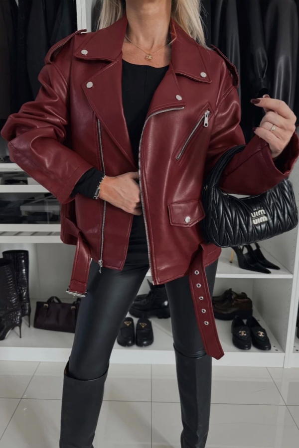 Wine Red PU Leather Casual Street Zipper Turndown Collar Long Sleeve Fall Winter Short Motorcycle Jackets Coats Outerwear