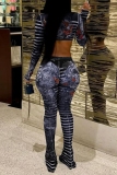 Blue Gauze Skinny Sexy Striped Print See-Through V Neck Long Sleeve Crop Tops and Pencil Pants Two Pieces Sets