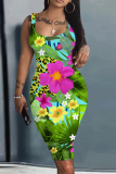 Dark Khaki Casual Floral Print U Neck Sleeveless Vacation Bodycon Midi Tank Dress
