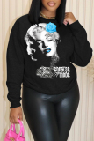 Black Purple Casual Figure Print Round Neck Long Sleeve Fall Winter Sweatshirts Tops