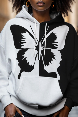 White Grey Casual Figure Bufferfly Print Draw String Hooded Collar Long Sleeve Fall Winter Sweatshirts Tops