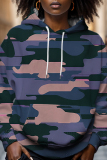 Brown Casual Camouflage Print Draw String Hooded Collar Long Sleeve Fall Winter Sweatshirts Tops