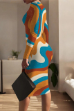 Orange Geometric Print O Neck Long Sleeve Long Wrapped Skirt Bodycon Midi Dress