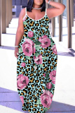 Rose Red Casual Graphcis Print Sleeveless Backless Spaghetti Strap Floor Length Casual Outing Straight Loose Maxi Slip Dress