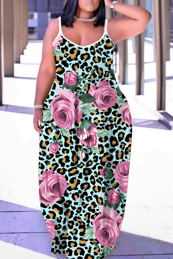 Rose Red Casual Graphcis Print Sleeveless Backless Spaghetti Strap Floor Length Casual Outing Straight Loose Maxi Slip Dress