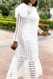 White Sweet Striped Print Asymmetrical Half A Turtleneck Puff Sleeve Flounce Ruffle Hem Vacation A Line Maxi Dresses