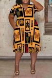 Orange Casual National Totem Graphics Print V Neck Short Sleeve Loose Pockets Midi T-Shirt Dress
