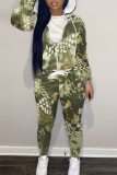 Dark Green Sportwear Abstract Camouflage Print Hooded Zip-up Long Sleeve Jacket and Pencil Sweatpants Fall Winter Two Pieces Sweatsuit Sets