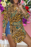 Brown Loose Casual Leopard Print V Neck Slit Button up Long Sleeve Tops Shirts