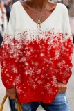 Red Christmas Sweatshirts Casual Loose Contrast Snowflake Snowman Print V Neck Long Sleeve Blouses Tops