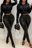 Black PU Skinny Casual Ruched Round Neck Long Sleeve Crop Tops and Pencil Pants Two Pieces Matching Sets