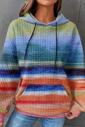 Tangerine Loose Stripe Gradient Print Hooded Long Sleeve Fall Winter Waffle Sweatshirts Tops