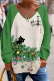 Green Loose Christmas Tree Santa Print Contrast V Neck Long Sleeve Fall Winter Blouses Tops