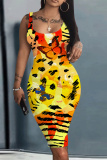 Dark Khaki Casual Floral Print U Neck Sleeveless Vacation Bodycon Midi Tank Dress