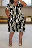 Orange Casual National Totem Graphics Print V Neck Short Sleeve Loose Pockets Midi T-Shirt Dress