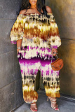 Multicolor Loose Casual Abstract Print Off Shoulder Long Lantern Sleeve Overall Jumpsuits