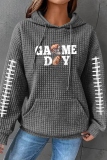 Dark Grey Loose Letter Football Print Hooded Long Sleeve Fall Winter Waffle Sweatshirts Tops