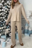 Khaki Loose Turtleneck Long Sleeve Sweaters and Belted Wide Leg Pants Fall Winter Knitted Two Pieces Matching Sets