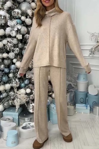 Khaki Loose Turtleneck Long Sleeve Sweaters and Belted Wide Leg Pants Fall Winter Knitted Two Pieces Matching Sets