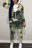 Dark Green Sportwear Abstract Camouflage Print Hooded Zip-up Long Sleeve Jacket and Pencil Sweatpants Fall Winter Two Pieces Sweatsuit Sets