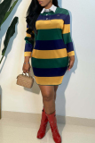 Green Casual Colorblock Print Turndown Collar Long Sleeve Straight Striped Shirt Mini Dresses