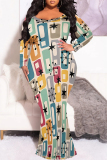 Brown Graphic Print O Neck Long Sleeve Floor Length Casual Outing Plus Size Bodycon Maxi Dress