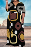 Brown Geometric Print V Neck 3/4 Sleeve Lace Up Casual Outing Vacation Straight Loose Maxi Dress