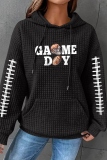 Dark Grey Loose Letter Football Print Hooded Long Sleeve Fall Winter Waffle Sweatshirts Tops