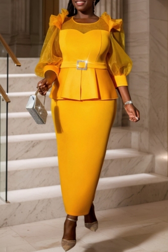 Yellow Formal Party Gown Sweetheart Neck with Sheer overlay Puffed Sheer Sleeve Ruffled Shoulder Tailored Waist with Buckle Belted Formal Midi Wedding