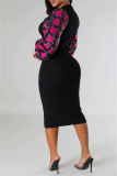 Black Formal Office Lady Crewneck Plaid Lantern Sleeve with Sequin Decor Bodycon Midi Dresses