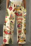 Earthy Yellow Casual Christmas Cartoon Pattern Print Pocket Plus Size Wide Leg Pants