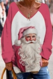 Red Christmas Sweatshirts Casual Loose Contrast Snowflake Snowman Print V Neck Long Sleeve Blouses Tops