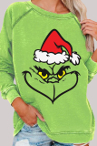 Green Christmas Cotton Grinch Print Round Neck Long Sleeve Fall Winter Sweatshirts Tops