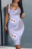 White Casual Floral Print U Neck Sleeveless Vacation Bodycon Midi Tank Dress