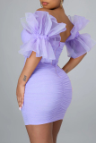 White Sleeveless Backless Zipper Asymmetrical Collar Mesh Sheer Puff Sleeve Wrapped Skirt Ruched Cocktail Bodycon Party Mini Dresses