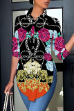 White  Loose Casual Abstract Chains Print Turndown Collar Slit Button up Long Sleeve Tops Shirts
