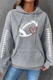 Dark Grey Loose Heart Football Print Hooded Long Sleeve Fall Winter Waffle Sweatshirts Tops