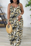 Red Casual Snakeskin Print Sleeveless Backless Spaghetti Strap Floor Length Casual Outing Straight Loose Maxi Slip Dress