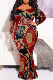 Brown Graphic Print O Neck Long Sleeve Floor Length Casual Outing Plus Size Bodycon Maxi Dress