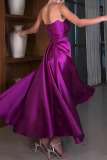 Purple Formal Evening Party Prom Gown Sleeveless Strapless Ruched Pleated Maxi Tube Satin Dresses