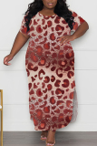 Brown African Casual Graphics Print O Neck Short Sleeve Long Side Slit Loose Vacation Plus Size Straight Maxi T-shirt Dresses