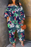 Multicolor Loose Casual Abstract Print Off Shoulder Long Lantern Sleeve Overall Jumpsuits