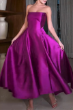 Purple Formal Evening Party Prom Gown Sleeveless Strapless Ruched Pleated Maxi Tube Satin Dresses