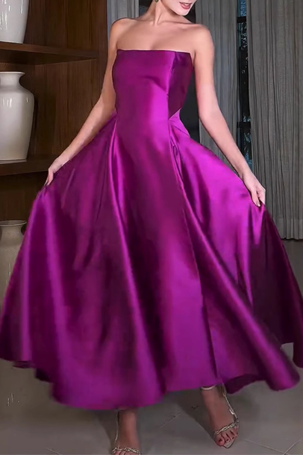 Purple Formal Evening Party Prom Gown Sleeveless Strapless Ruched Pleated Maxi Tube Satin Dresses