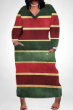 Brown Green Casual Stripe Print V Neck Long Sleeve Long Plus Size Maxi Casual Outing Straight Loose Maxi Dress With Pocket
