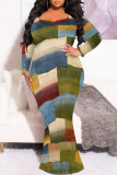 Brown Graphic Print O Neck Long Sleeve Floor Length Casual Outing Plus Size Bodycon Maxi Dress