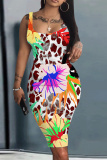 Dark Khaki Casual Floral Print U Neck Sleeveless Vacation Bodycon Midi Tank Dress